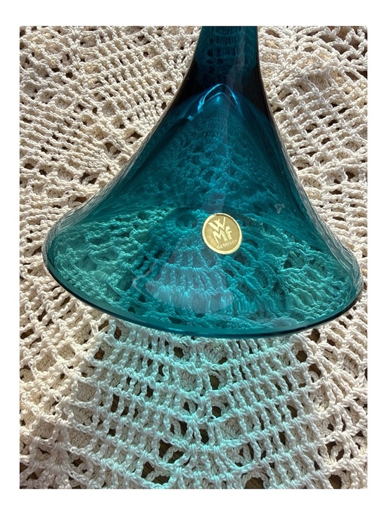 WMF Germany Teal Art Glass Trumpet Candlestick Vase MCM Ikora Style - Picture 4 of 4